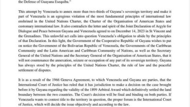 Photo of Guyana condemns Venezuela’s promulgation of law for defence of Essequibo