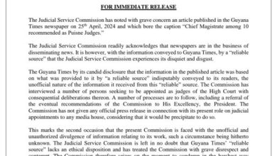 Photo of Judicial Service Commission raps Guyana Times over report