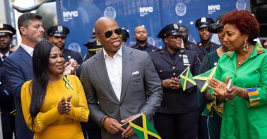 Photo of Mayor Eric Adams among those raising flag at Bowling Green in celebration of Jamaica’s 62nd anniversary of Independence